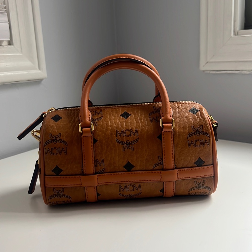Authentic MCM Aren Mini Boston Bag in Visetos / Cognac
